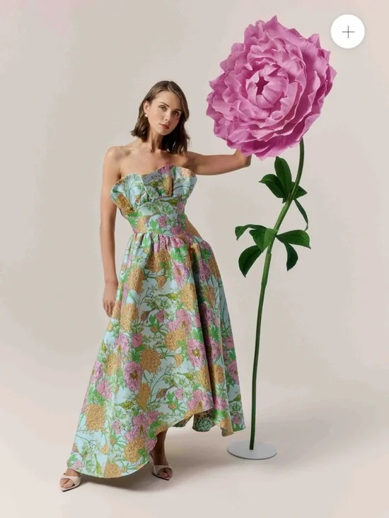 elliatt laurel green floral jacquard strapless ruffle maxi gown dress medium NEW - Picture 14 of 17
